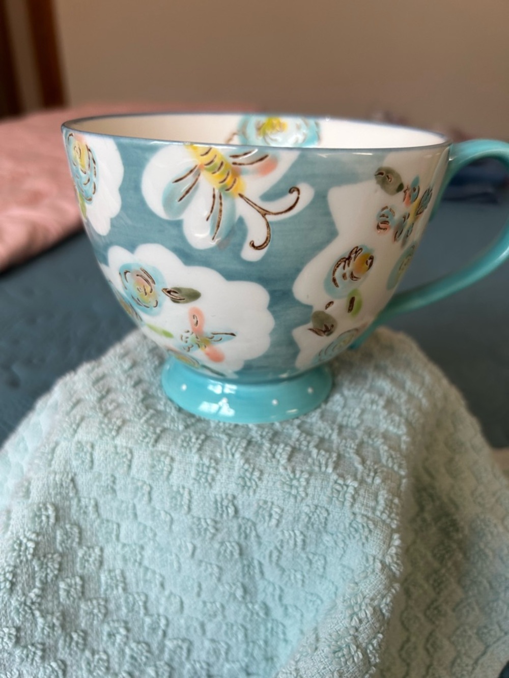 Paper Source Aqua and White Floral Pedestal Mug